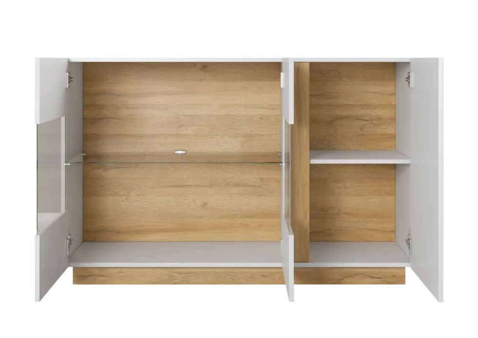 Madia moderna con vetrina 138x90 bianca con dettagli rovere MALK1