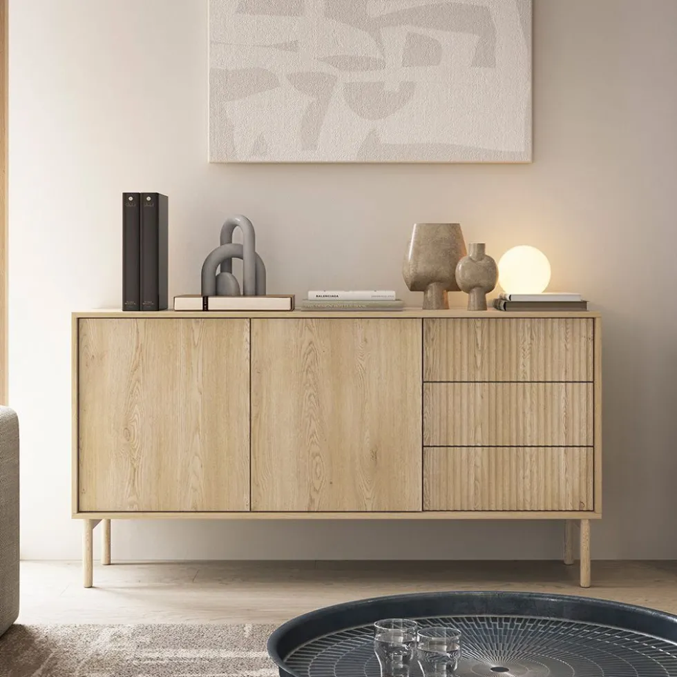 Madia moderna da soggiorno con 2 ante push to open rovere chiaro MALK45