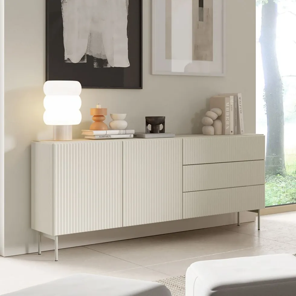 Madia moderna da soggiorno con 2 ante e 3 cassetti beige cashmere MALK43