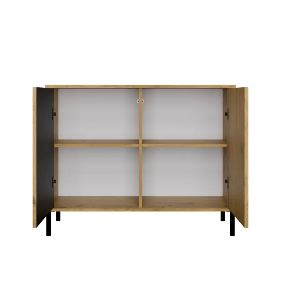 Madia moderna lamellata per soggiorno 103,5 cm con ante tip-on rovere e nero MT4