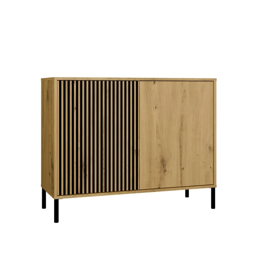 Madia moderna lamellata per soggiorno 103,5 cm con ante tip-on rovere e nero MT4