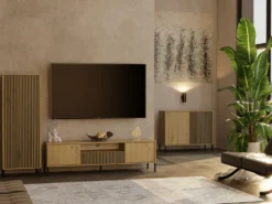 Madia moderna lamellata per soggiorno 103,5 cm con ante tip-on rovere e nero MT4