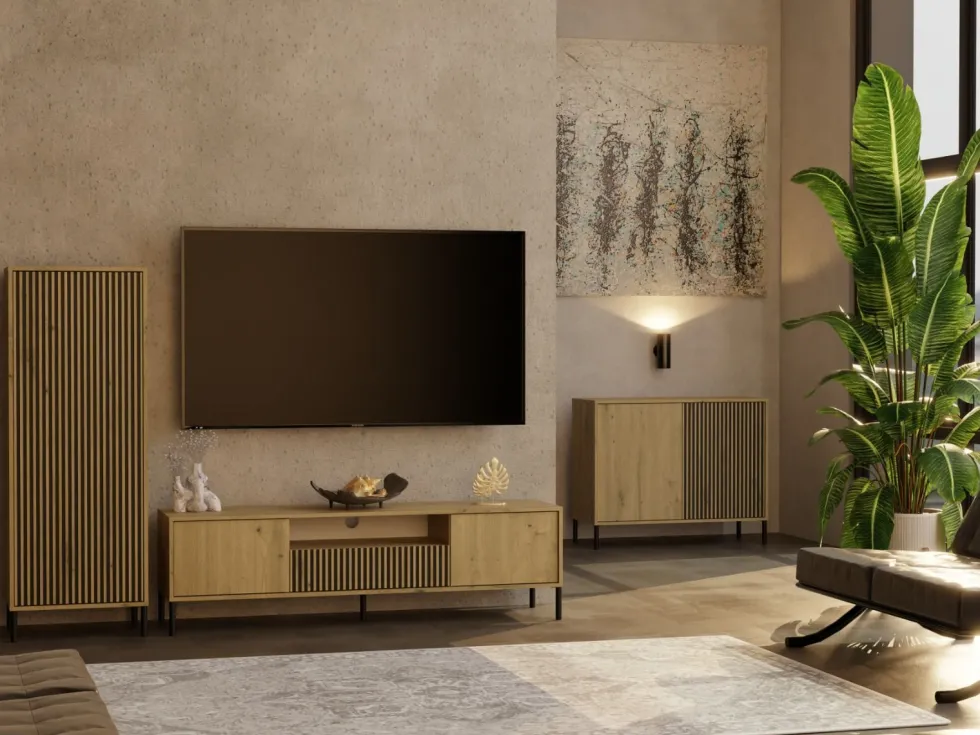 Madia moderna lamellata per soggiorno 103,5 cm con ante tip-on rovere e nero MT4
