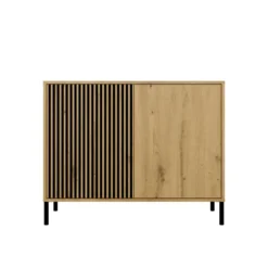 Madia moderna lamellata per soggiorno 103,5 cm con ante tip-on rovere e nero MT4