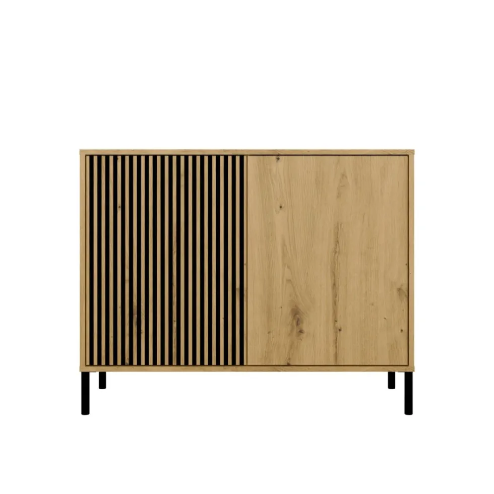 Madia moderna lamellata per soggiorno 103,5 cm con ante tip-on rovere e nero MT4