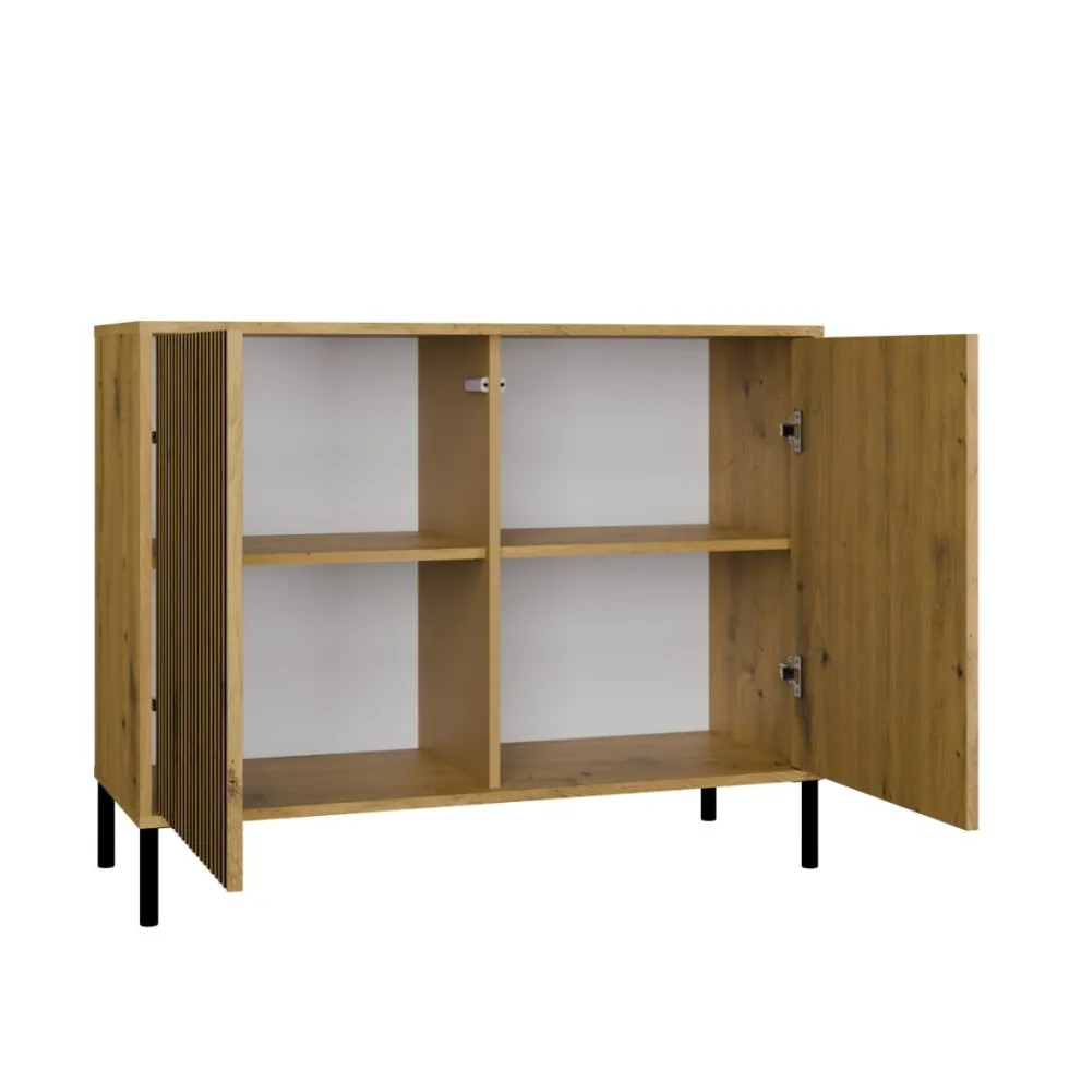 Madia moderna lamellata per soggiorno 103,5 cm con ante tip-on rovere e nero MT4