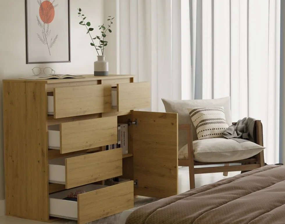 Madia moderna 100x93 cm con 1 anta e 5 cassetti rovere MT6
