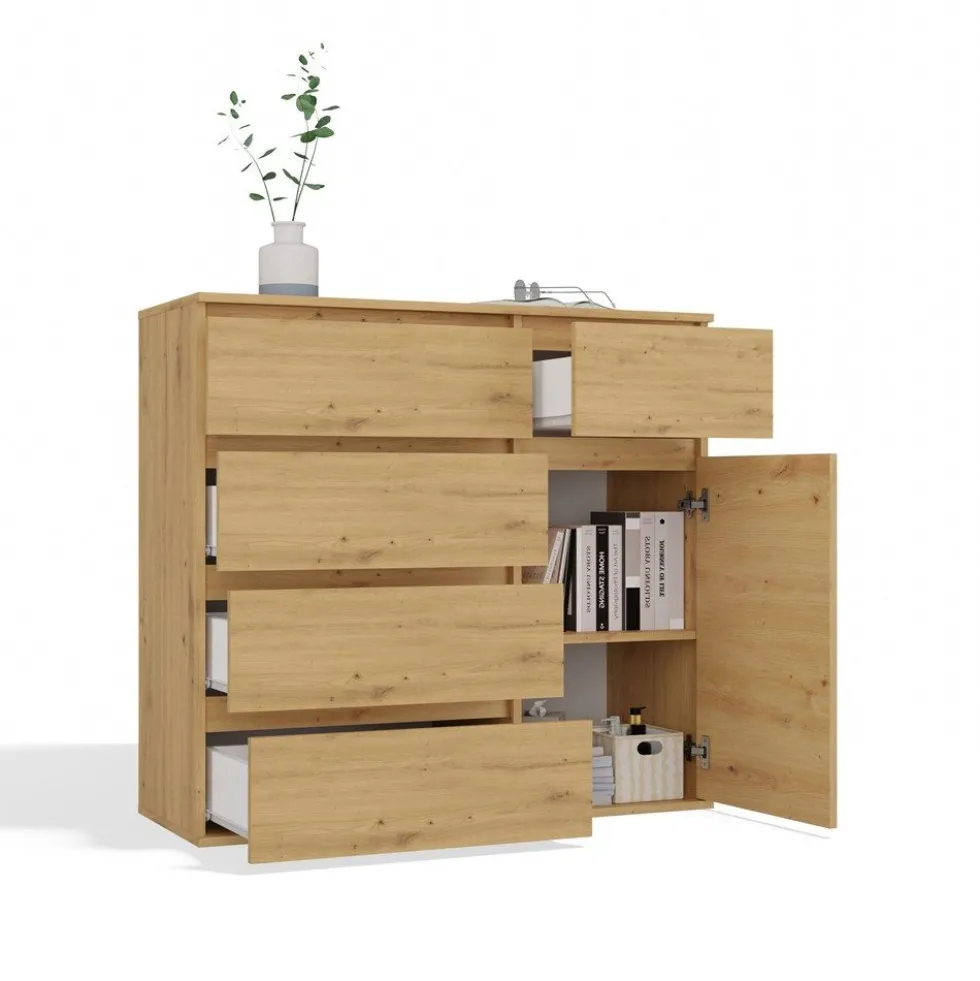 Madia moderna 100x93 cm con 1 anta e 5 cassetti rovere MT6