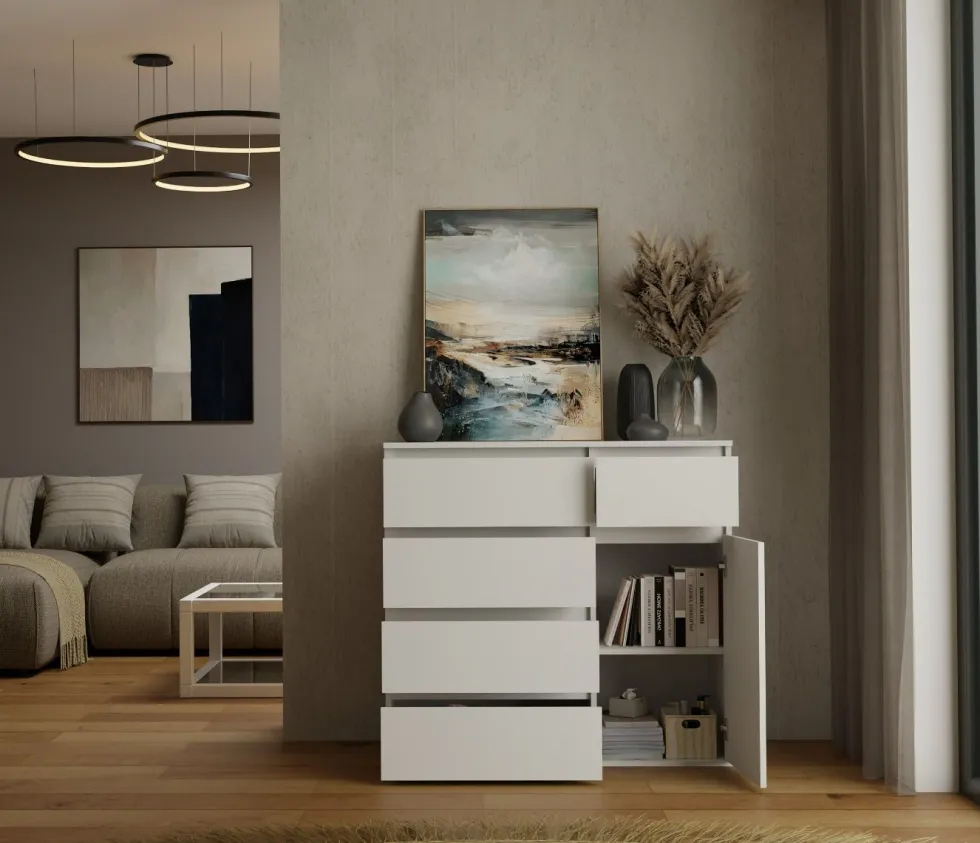 Madia moderna 100x93 cm con 1 anta e 5 cassetti bianca MT6