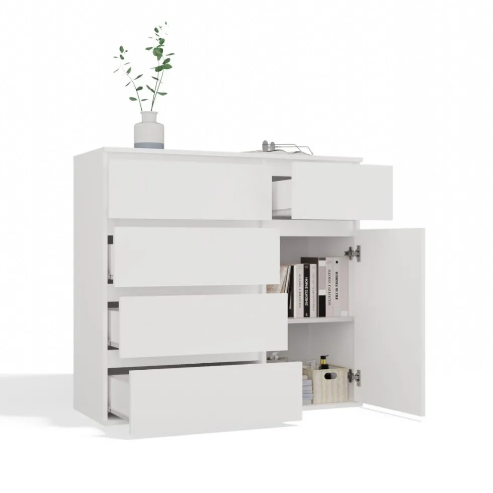 Madia moderna 100x93 cm con 1 anta e 5 cassetti bianca MT6