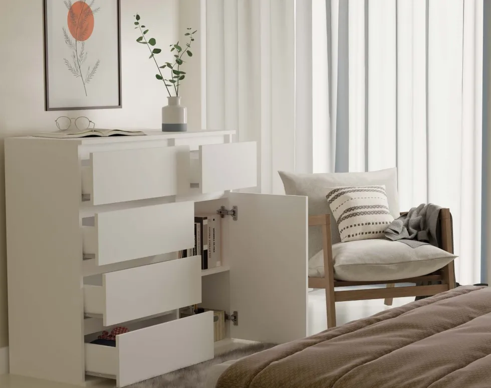 Madia moderna 100x93 cm con 1 anta e 5 cassetti bianca MT6