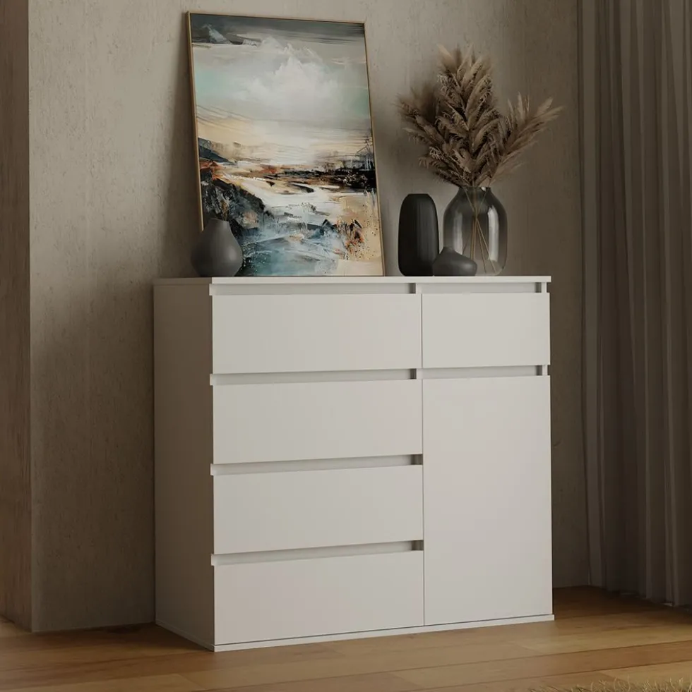 Madia moderna 100x93 cm con 1 anta e 5 cassetti bianca MT6