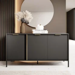 Madia moderna 153x81cm con 3 ante antracite con dettagli oro MALK12