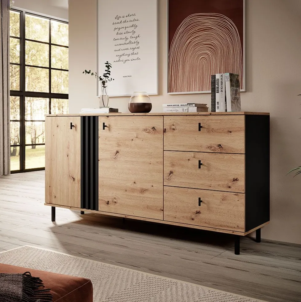 Madia moderna 165x82cm con 2 ante e 3 cassetti marrone e nero MALK25