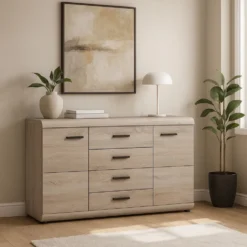 Madia moderna 138x87cm con 2 ante e 4 cassetti rovere chiaro MALK23
