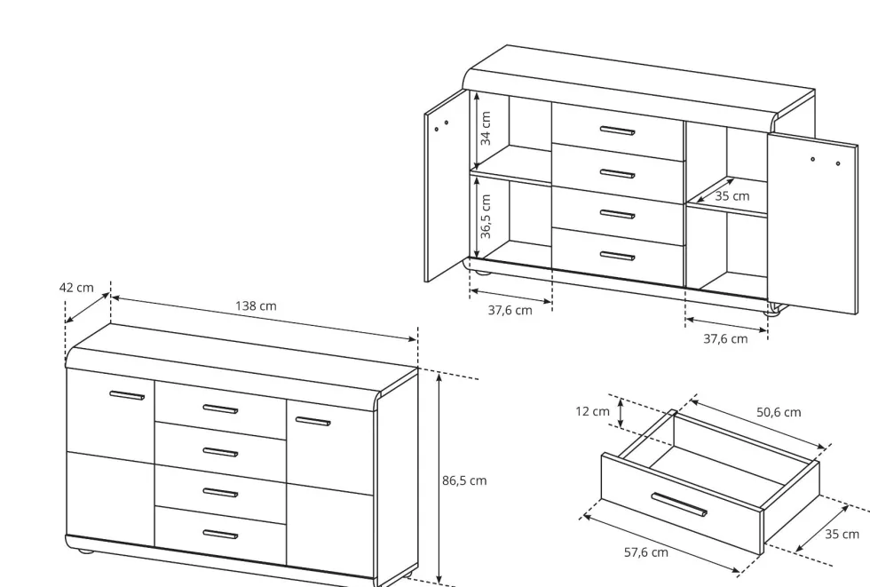 Madia moderna 138x87cm con 2 ante e 4 cassetti rovere chiaro MALK23