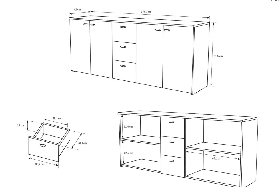 Madia moderna 180x74cm con 4 ante e 3 cassetti rovere chiaro MALK10