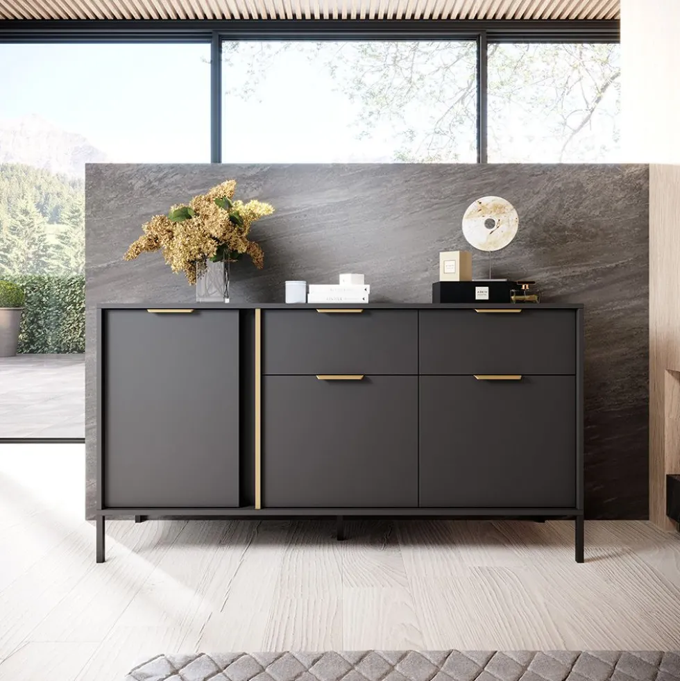 Madia moderna 153x81cm con 3 ante e 2 cassetti antracite con dettagli oro MALK11