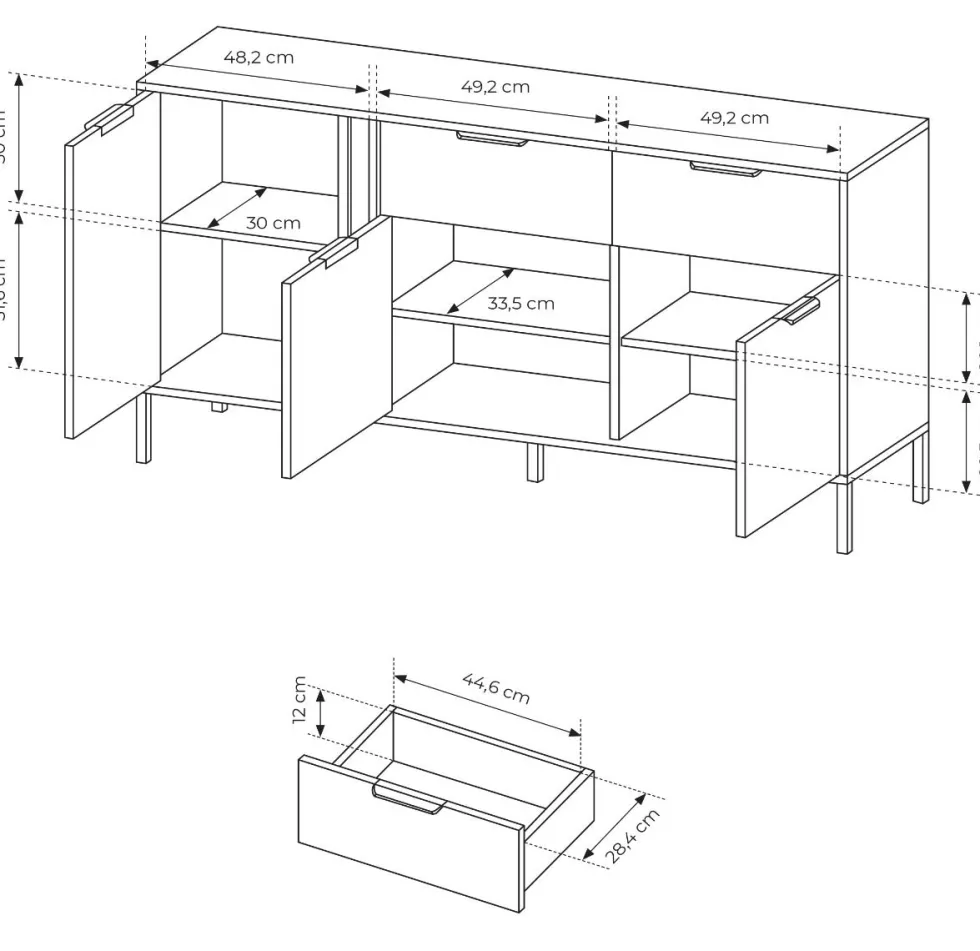 Madia moderna 153x81cm con 3 ante e 2 cassetti antracite con dettagli oro MALK11