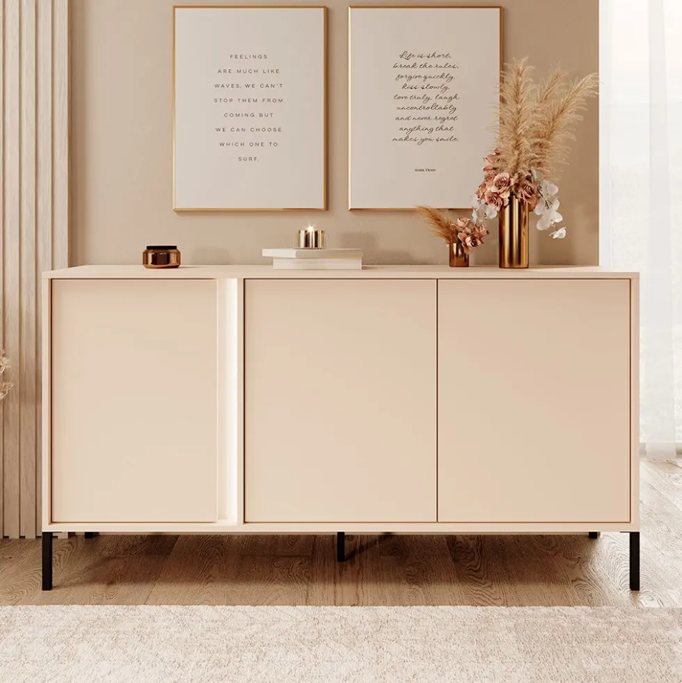 Madia moderna 153x81cm con luce LED 3 ante beige MALK7
