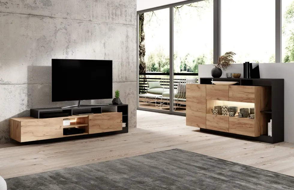 Madia moderna 155x93 con 3 ante antracite e rovere MALK5