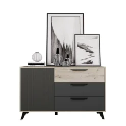 Madia nero opaco e legno chiaro 130x80 cm 3 cassetti 1 anta e piedini MI22