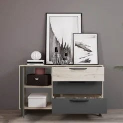 Madia nero opaco e legno chiaro 130x80 cm 3 cassetti 1 anta e piedini MI22