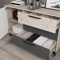 Madia nero opaco e legno chiaro 130x80 cm 3 cassetti 1 anta e piedini MI22