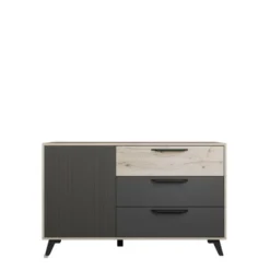 Madia nero opaco e legno chiaro 130x80 cm 3 cassetti 1 anta e piedini MI22