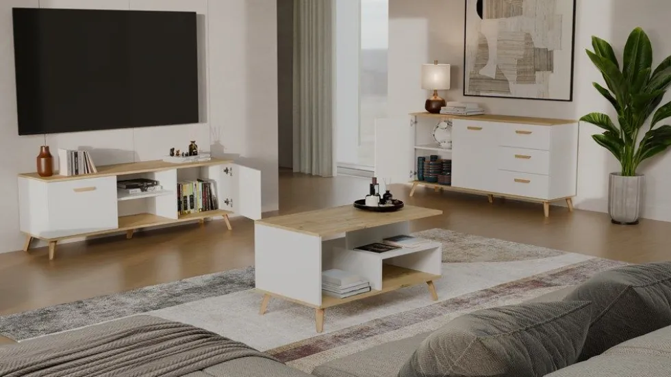 Madia soggiorno con cassetti 150x75 cm in rovere e bianco MT15