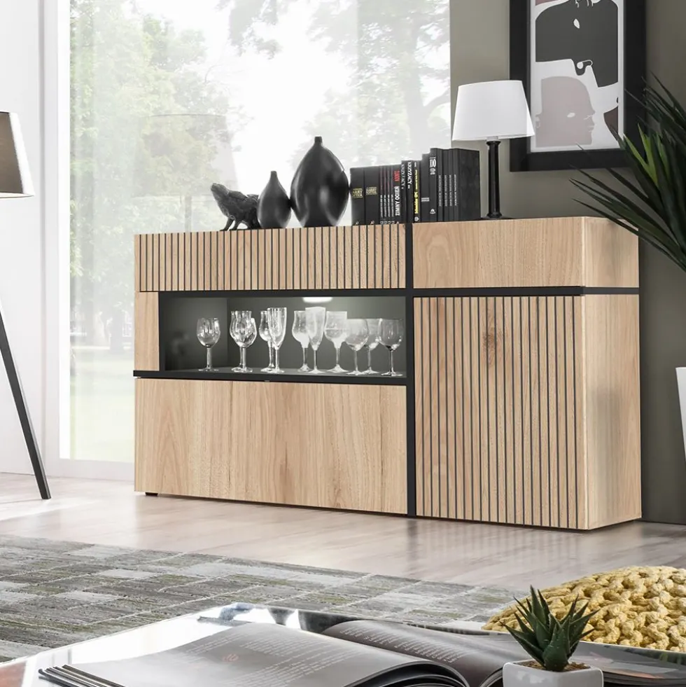 Madia 150x90cm contemporanea design a strisce nere con luci led rovere e nero MP20