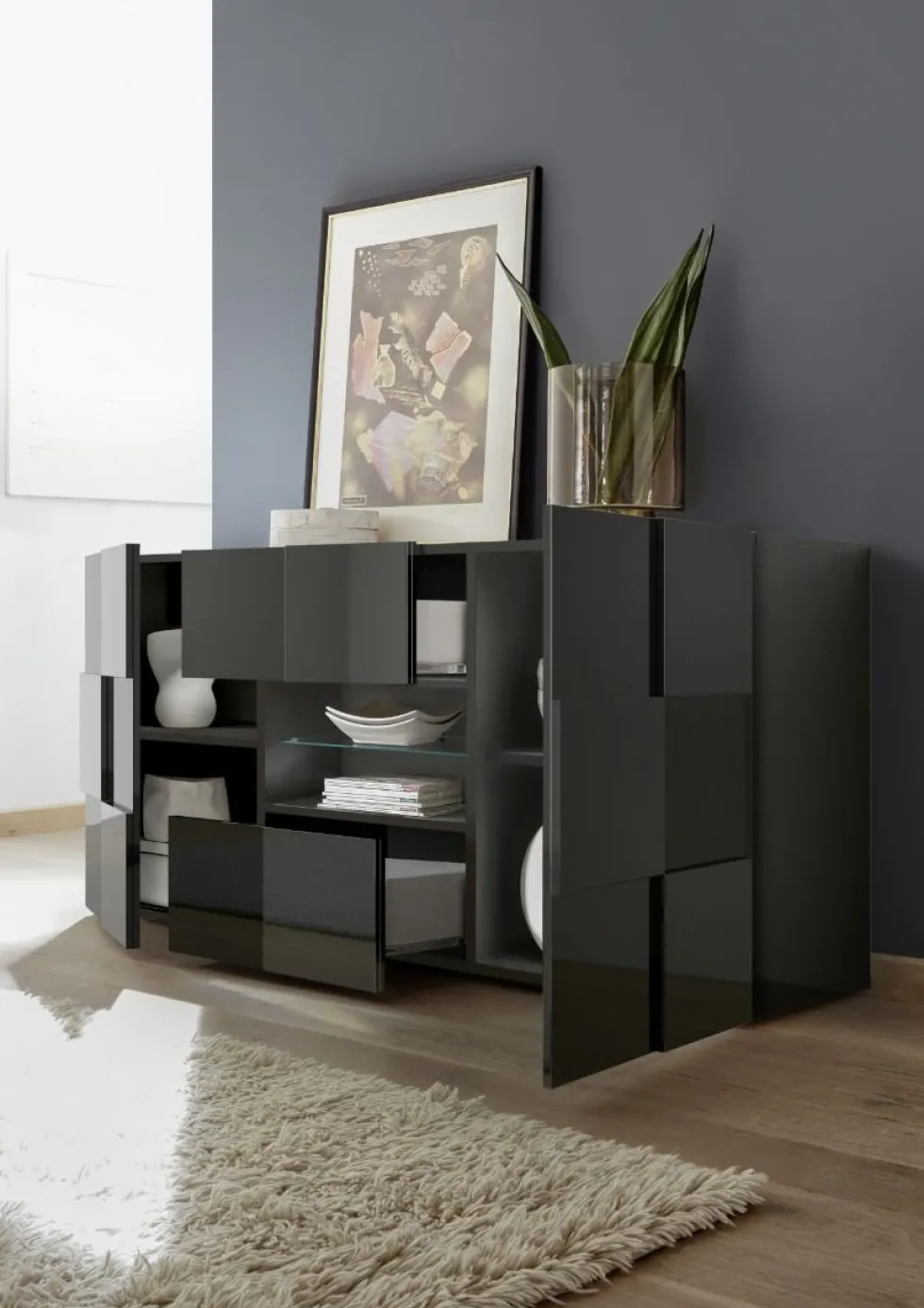 Madia 181x84 con frontale geometrico due ante e due cassetti grigio lucido ML9