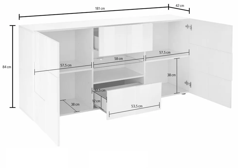 Madia 181x84 con frontale geometrico due ante e due cassetti grigio lucido ML9