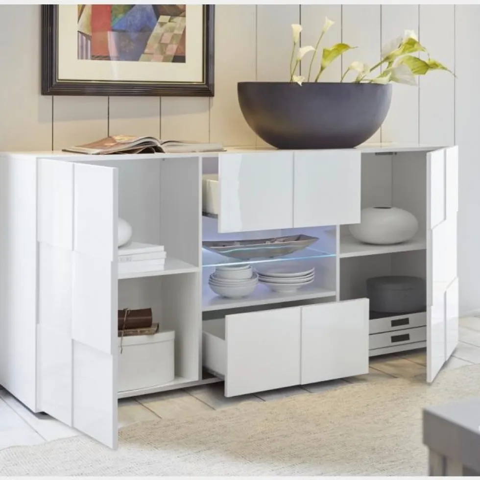 Madia 181x84 con frontale geometrico due ante e due cassetti bianco lucido ML9