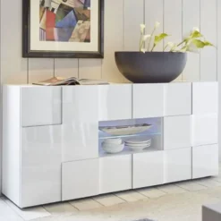 Madia 181x84 con frontale geometrico due ante e due cassetti bianco lucido ML9