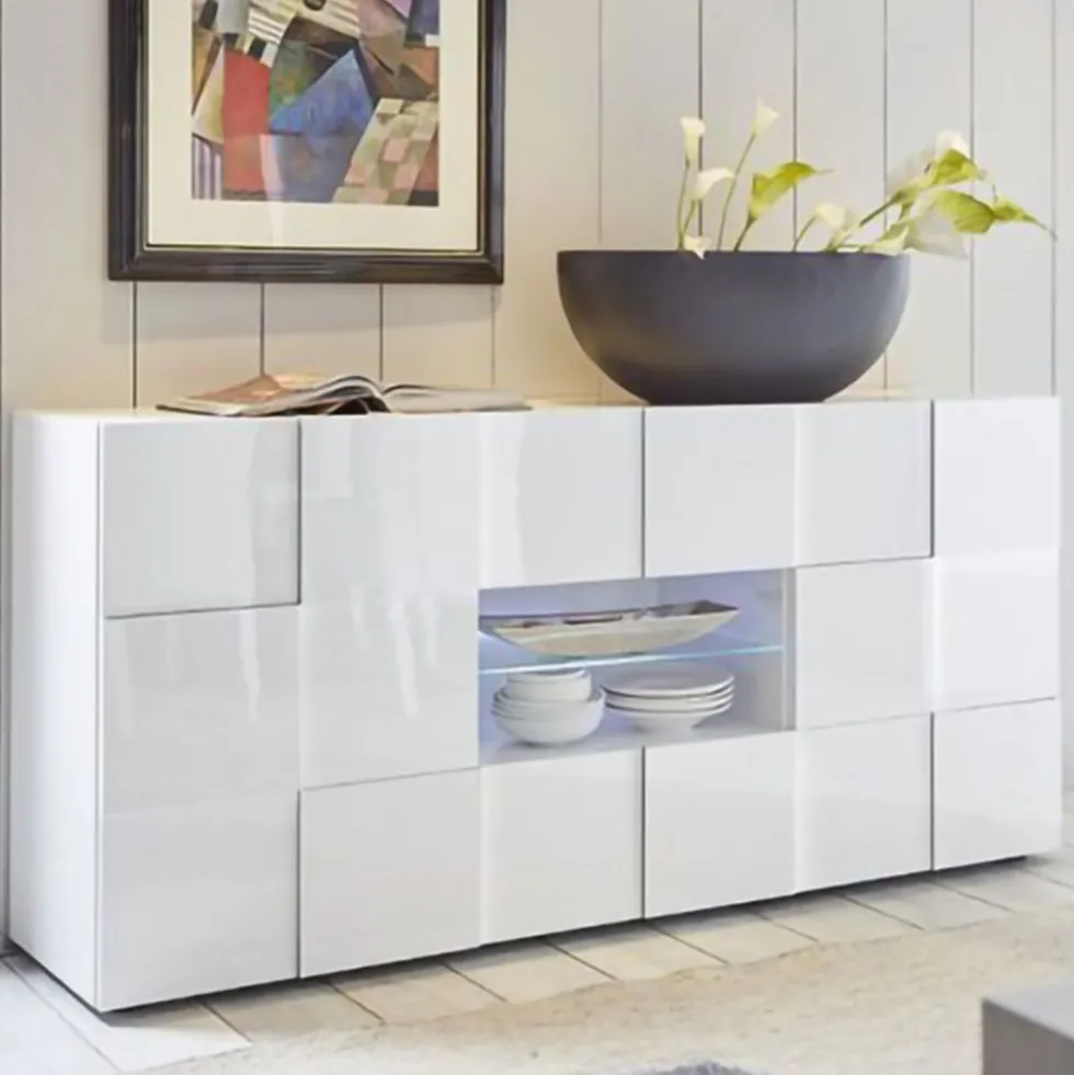 Madia 181x84 con frontale geometrico due ante e due cassetti bianco lucido ML9