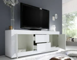 Madia 210x66 da soggiorno con due ante e due cassetti bianco lucido ML6