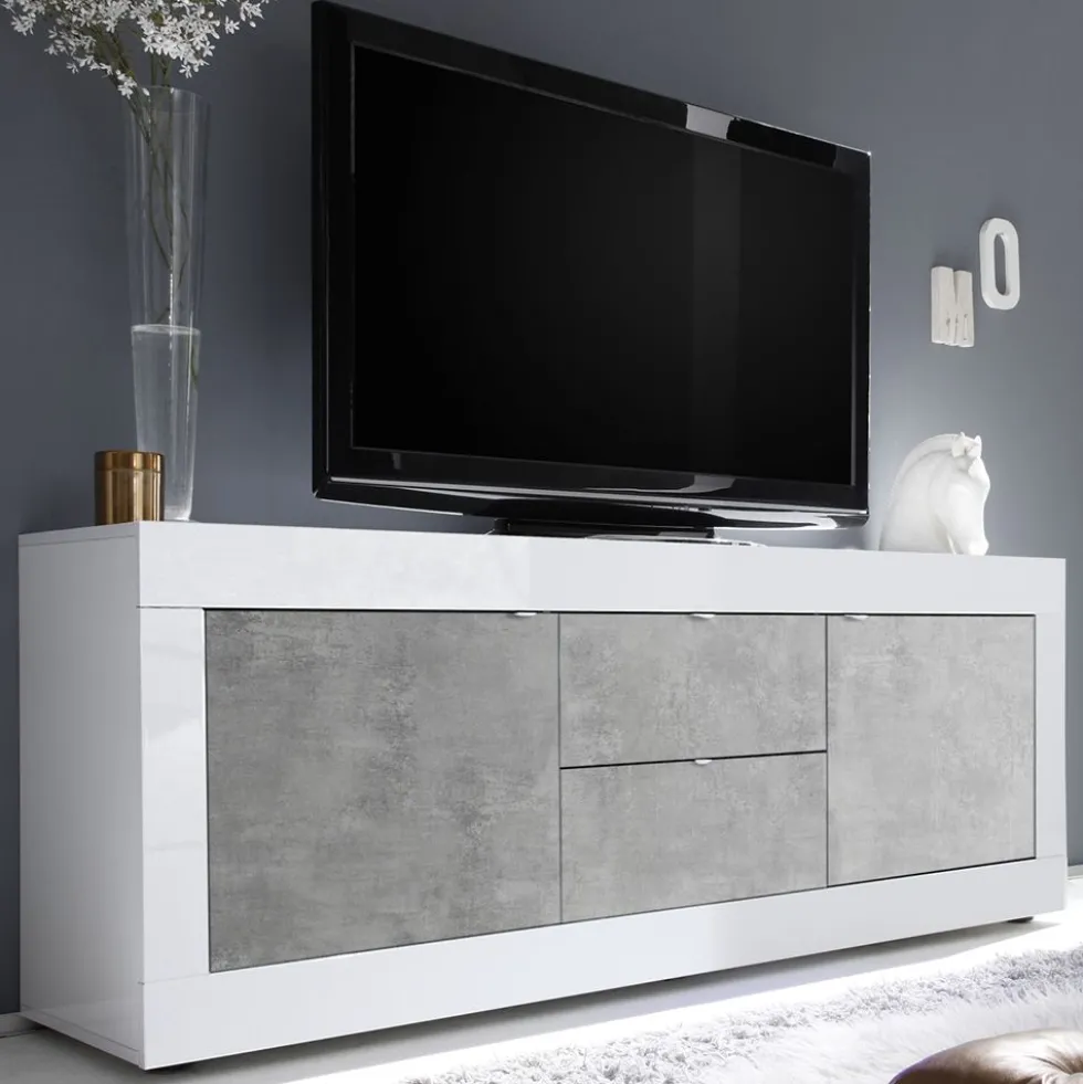 Madia 210x66 da soggiorno con due ante e due cassetti bianco e cemento ML6