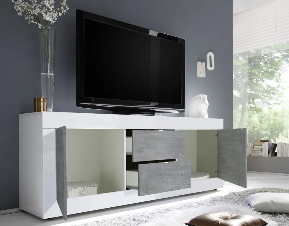Madia 210x66 da soggiorno con due ante e due cassetti bianco e cemento ML6