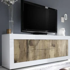 Madia 210x66 da soggiorno con due ante e due cassetti bianco e pero ML6
