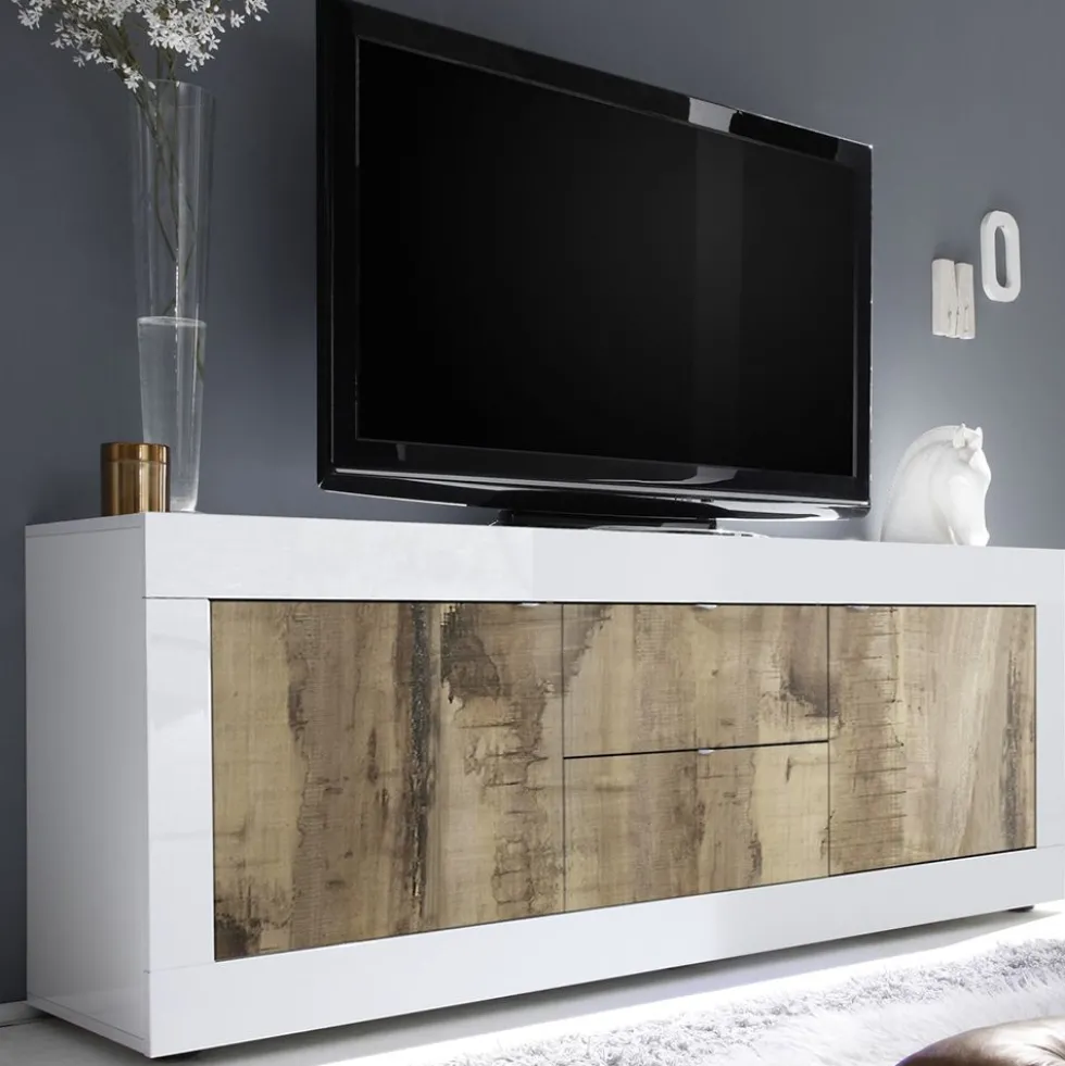 Madia 210x66 da soggiorno con due ante e due cassetti bianco e pero ML6