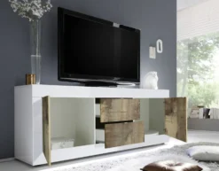 Madia 210x66 da soggiorno con due ante e due cassetti bianco e pero ML6