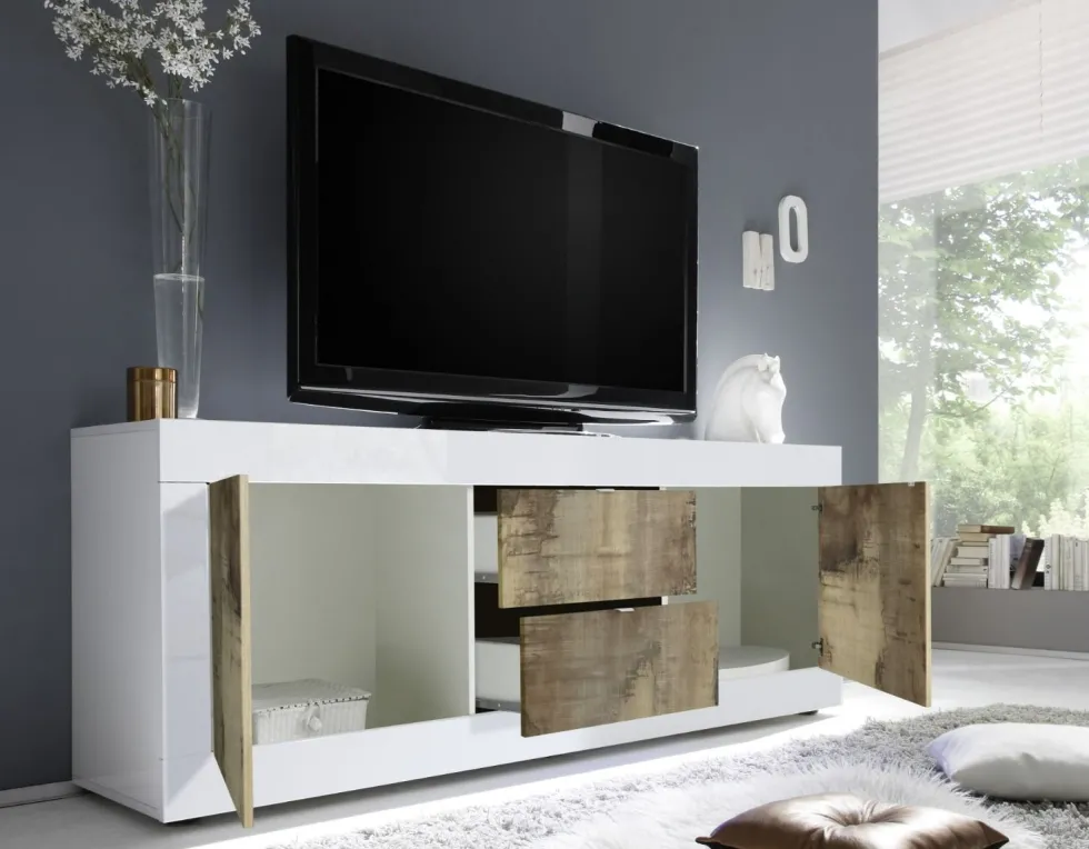 Madia 210x66 da soggiorno con due ante e due cassetti bianco e pero ML6