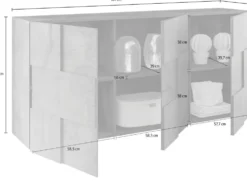 Madia 181x84 da soggiorno con frontale geometrico a tre ante battenti bianco lucido ML10