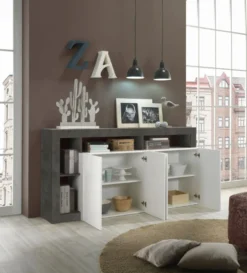 Madia 184x93 da soggiorno moderna con quattro ante e ripiano bianco e ossido ML17