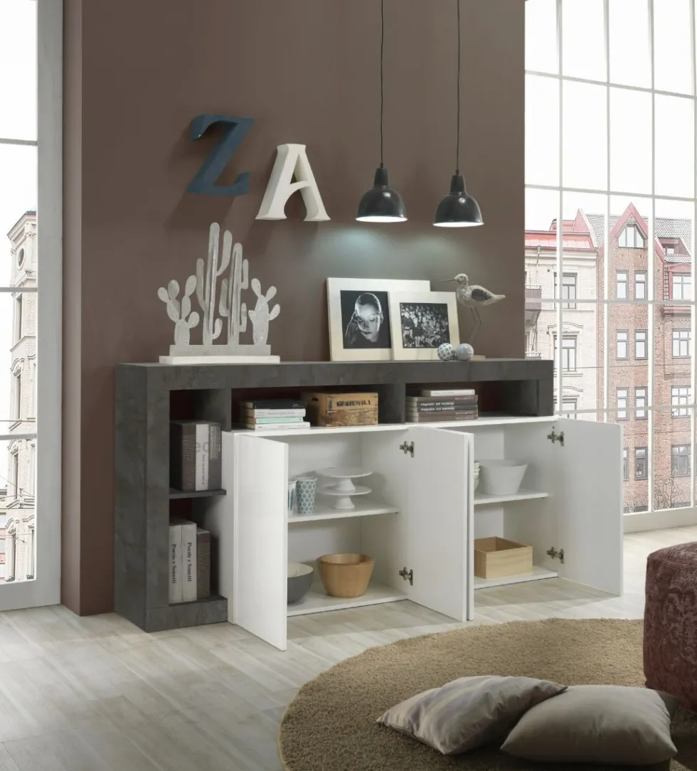 Madia 184x93 da soggiorno moderna con quattro ante e ripiano bianco e ossido ML17