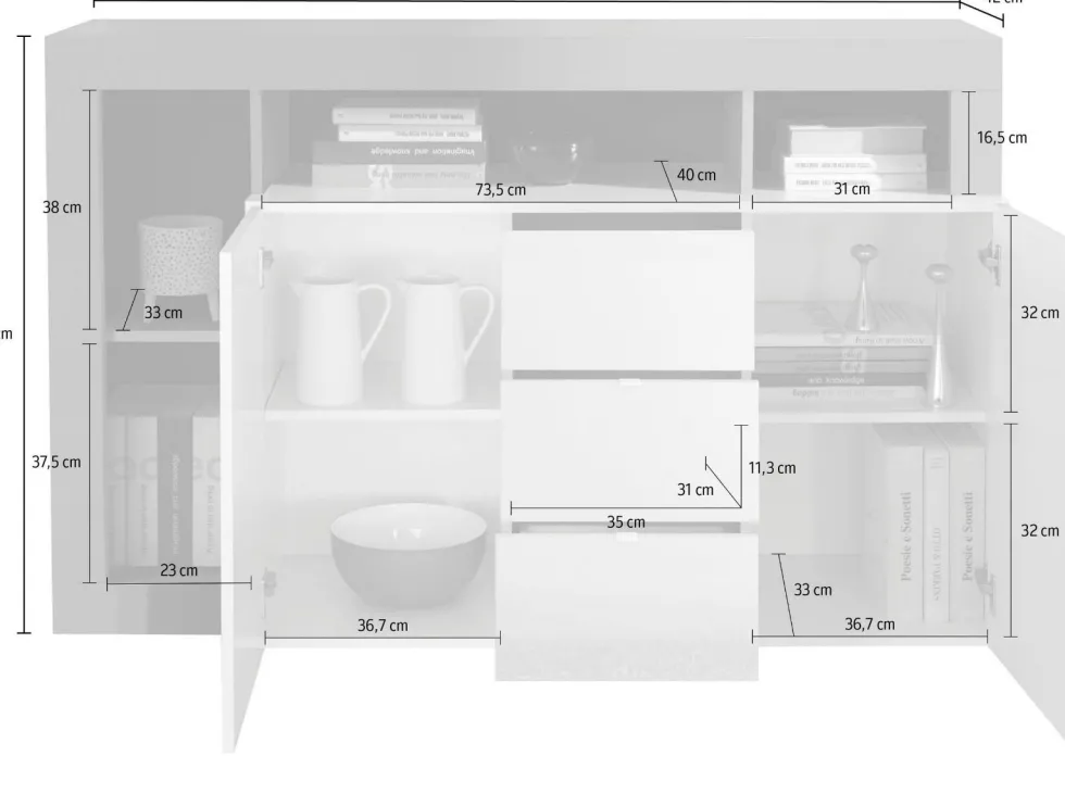 Madia 146x93 moderna con due ante e tre cassetti e ripiano bianco e ossido ML19
