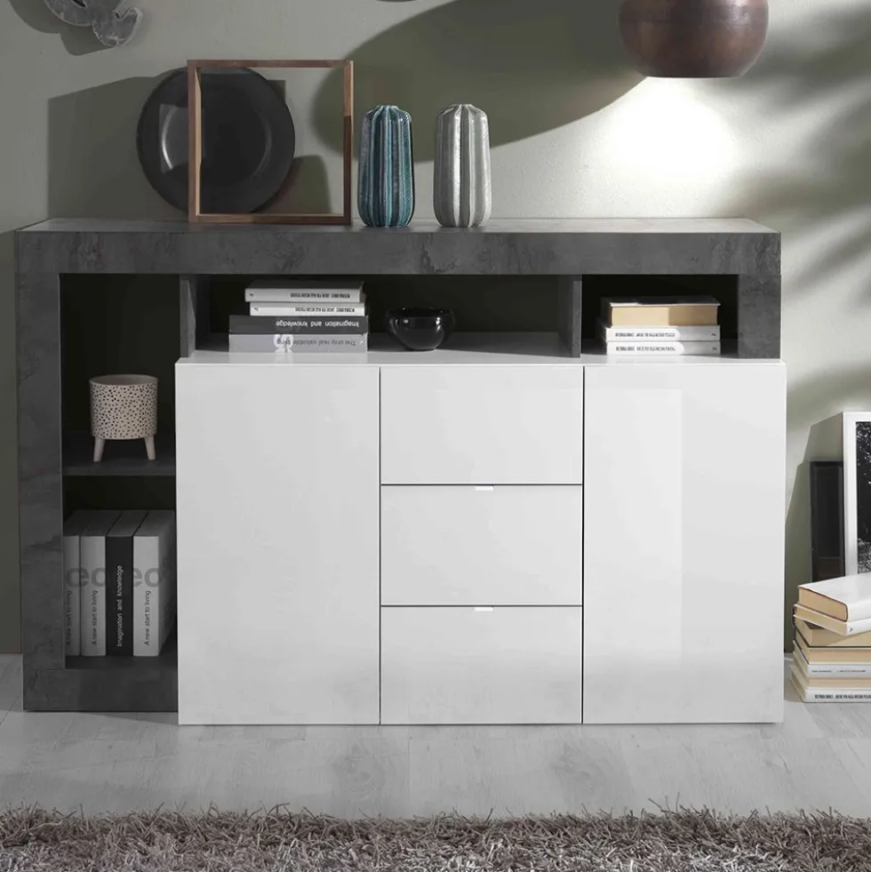 Madia 146x93 moderna con due ante e tre cassetti e ripiano bianco e ossido ML19