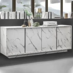 Madia 180x79 moderna con quattro ante battenti finitura effetto marmo bianco ML22
