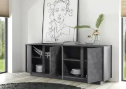 Madia 180x79 moderna con quattro ante battenti finitura effetto marmo nero ML22